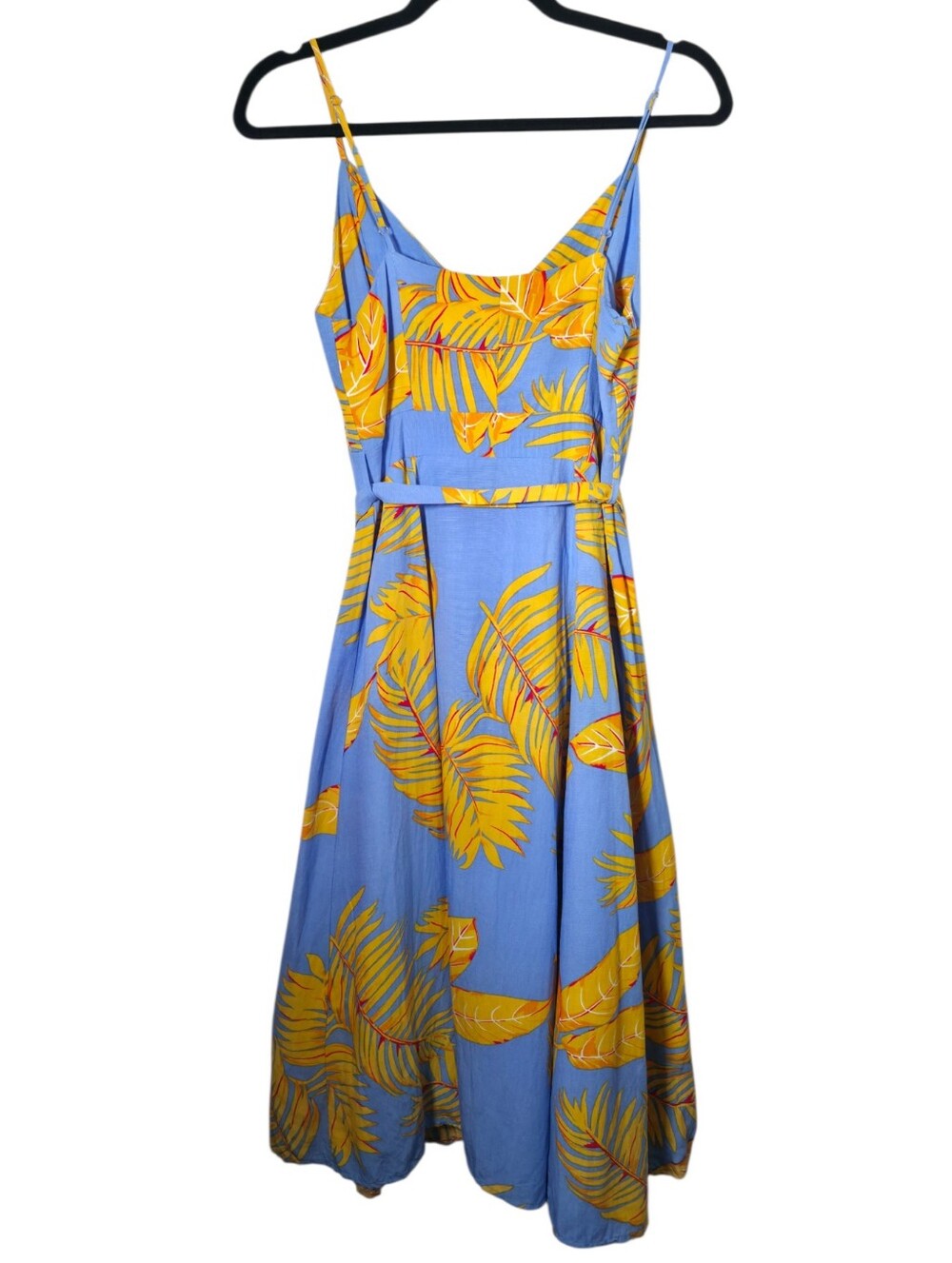 The Editor’s Market Delina Midi Dress Sky Blue Yellow Tropical Palm Print Tie - Picture 6 of 7